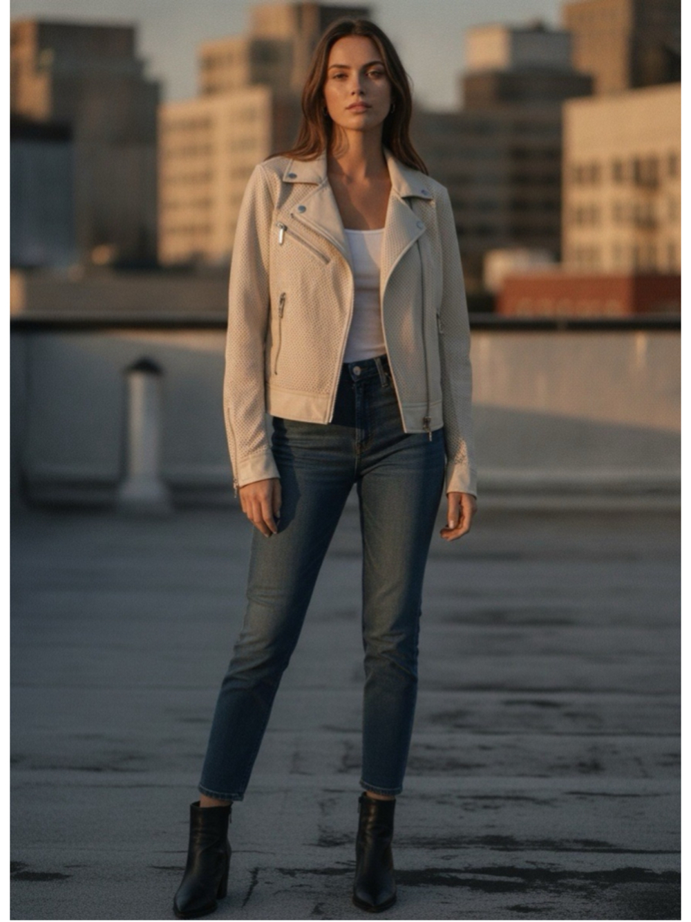 BLANKNYC Perforated Faux Leather Moto Jacket Cream Off White Biker Zip Medium